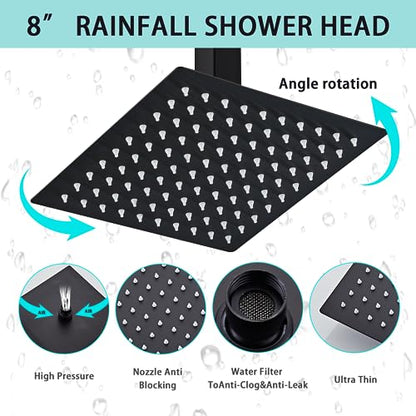 8 Inch Shower Faucet Set Ceiling Mount, High Pressure Rainfall Shower System Square Rain Shower Head with Handheld Spray Combo, Ceiling Luxury Rainfall Shower Fixtures Matte Black (3-Setting) - color: Matte Black, style: 8 Inch-3 Setting