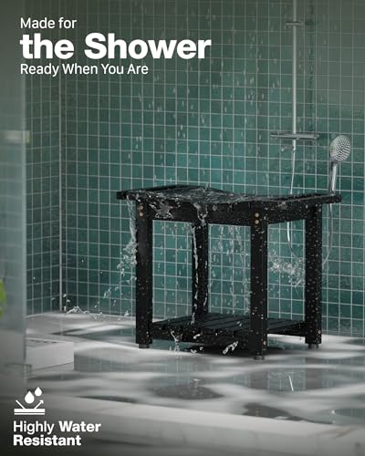 Bluewest 23.4I NCH Shower Bench Seat with Storage Shelf and Handle, Black | Waterproof Bathroom Spa Bench for Sitting Inside the Shower and Shaving Legs, with a Built-In Handle and Shower Head Holder. - size: 2 Tier - Black