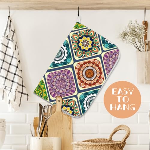 Mandala Dish Drying Mat for Kitchen Counter 18"x24" Mexican Flower Absorbent Dish Draining Mat Retro Floral Large Heat Resistant Coffee Mats for Table Faucet Sink Coffee Bar Refrigerator - style: Mandala pattern