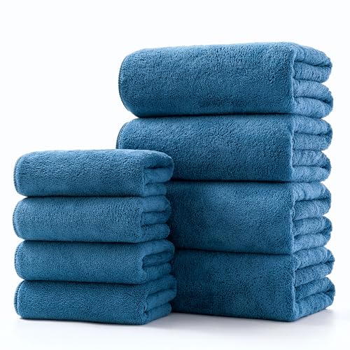 Lumimi Towel Set of 8 Very Soft Microfiber 4 Bath and 4 Hand Towels Quick Dry Light Weight for Bathroom Gym Salon, 8 Pack Blue - color: Blue, size: 4 Bath + 4 Hand