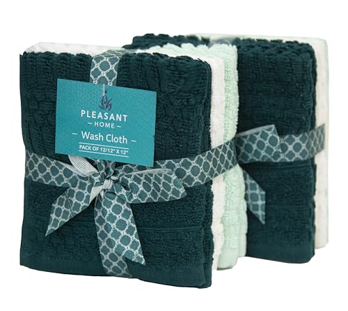 PH Pleasant Home Diamond Wash Cloths Set - 12 Pack (12” x 12”) – 509 GSM - 100% Ring Spun Cotton Wash Cloth - Super Soft and Highly Absorbent Face Towels (Green, White & Mint) - color: Green, White & Mint, style: Diamond