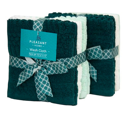 PH Pleasant Home Diamond Wash Cloths Set - 12 Pack (12” x 12”) – 509 GSM - 100% Ring Spun Cotton Wash Cloth - Super Soft and Highly Absorbent Face Towels (Green, White & Mint) - color: Green, White & Mint, style: Diamond
