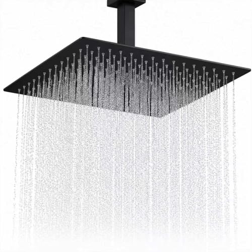 Black Rainfall Shower Head BSTIIU 16 Inch Square Ceiling Mounted Showerhead, Ultra Thin Stainless Steel Overhead Shower Head, Matte Black - color: Matte Black, size: 16-Inches, style: Square