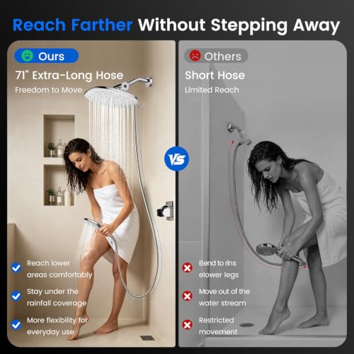 10" Rain Shower Head with Handheld Spray, Dual High Pressure Showerhead | Rainfall Shower Heads Combo with Multi Spray, Detachable Hand Showerhead Set with 71 Inch Shower Hose & Extra Holder - color: Chrome