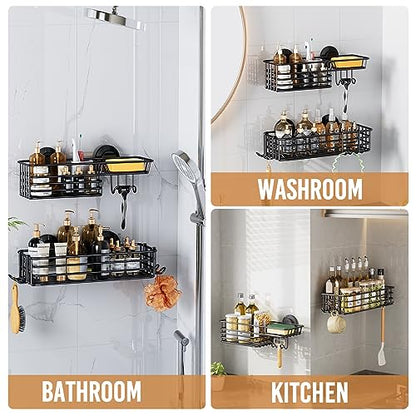 Shower Caddy Suction Cup, 2 Pack Suction Shower Shelf With Hooks | Black Shower Caddies, Soap holder, NO-Drilling Bathroom Holder, Rustproof bathroom organizer - color: 2 X Black