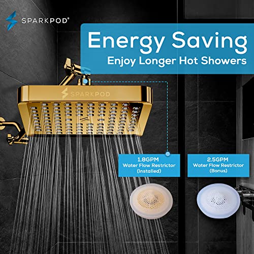 SparkPod Rain Shower Head, 6 Inch Square, Egyptian Gold Finish | High Pressure Shower Heads, 90 Nozzles, Adjustable Showerhead, No Tools Needed, Universal Connection - color: Egyptian Gold, style: 6 Inch Square