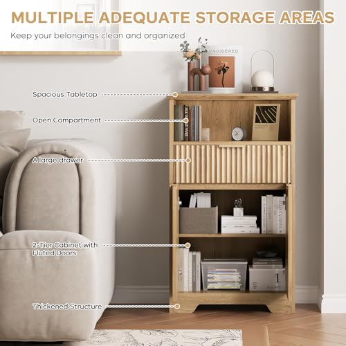 Fluted Buffet Cabinet with Storage, Modern Coffee Bar Cabinet | With Drawer & Adjustable Shelf, Wood Sideboard Cabinet for Kitchen, Bathroom, Entryway and Living Room Natural - color: Natural