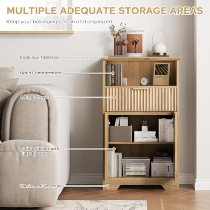 Fluted Buffet Cabinet with Storage, Modern Coffee Bar Cabinet | With Drawer & Adjustable Shelf, Wood Sideboard Cabinet for Kitchen, Bathroom, Entryway and Living Room Natural - color: Natural