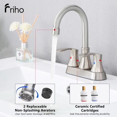 Friho 4 Inch Centerset Bathroom Faucet, 3 Hole Brushed Nickel Lead-Free Stainless Steel 2-Handle RV Vanity Faucet with Pop-up Drain & Supply Hoses - color: Brushed Nickel
