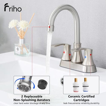 Friho 4 Inch Centerset Bathroom Faucet, 3 Hole Brushed Nickel Lead-Free Stainless Steel 2-Handle RV Vanity Faucet with Pop-up Drain & Supply Hoses - color: Brushed Nickel