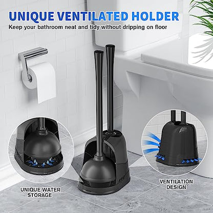 Toilet Plunger and Brush, Bowl Brush and Heavy Duty Toilet Plunger Set with Ventilated Holder, 2-in-1 Toilet Brush and Plunger Combo for Bathroom Cleaning (Black)