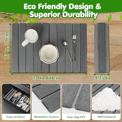 Stone Dish Drying Mat for Kitchen Counter 24x16 Grey, Quick Dry Stone Mat Kitchen, Large Stone Drying Mat for Dishes, Cups & Sink Counter, Drying Stone for Kitchen Counter