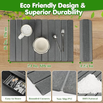 Stone Dish Drying Mat for Kitchen Counter 24x16 Grey, Quick Dry Stone Mat Kitchen, Large Stone Drying Mat for Dishes, Cups & Sink Counter, Drying Stone for Kitchen Counter