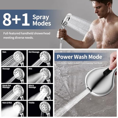 High Pressure Dual Shower Head with Handheld Spray Combo | 9 Spray Modes Handheld Showerhead, Double Rainfall Structure, Waterfall Shower Equipped with 79-Inch Hose, Chrome Finish - color: Chrome