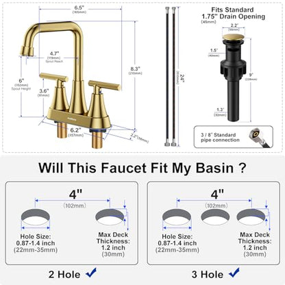 Brushed Gold 4 inch Centerset Bathroom Faucet for Sink 2-3 Hole | Bathroom Sink Faucet with Pop-up Drain and Supply Lines, Stainless Steel 2-Handle Centerset Faucet for Vanity RV Restroom - color: Brushed Gold