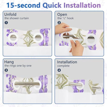 No Hook Shower Curtain and Liner Set, Lavender Shower Curtain with Snap in Liner and Mesh Top Window, Purple Floral Waterproof Fabric Shower Curtains with Weighted Hem for Bathroom Hotel, 71x74 Inches - color: Lavender Garden
