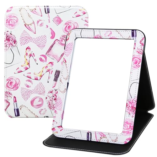 Portable Folding PU Leather Makeup Mirror with Adjustable Stand Large, Rectangular Desktop Vanity Mirror with Rounded Corners for Travel, Camping, Office, 7x9 Inches - color: Pink