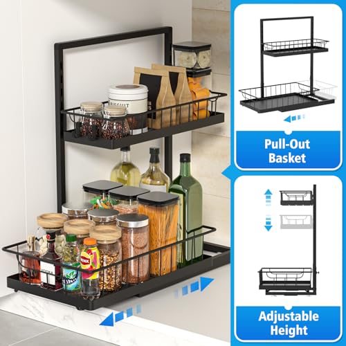WOWBOX 1 Pack Under Sink Organizer 2 Tier Slide Out Cabinet Organizer | Slide Out Drawer, Under Sink Organizers and Storage, Metal Organizing Rack for Kitchen, Bathroom, Pantry