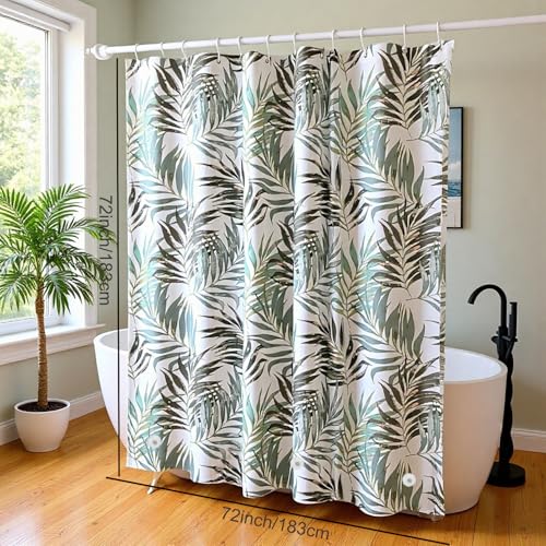 TIKABC Shower Curtain Liner, White Flower 4G PEVA Shower Liner, Plastic Waterproof Shower Curtains, 72x72 inch with Grommet Holes 3 Magnetic Weights - color: Bamboo Leaf