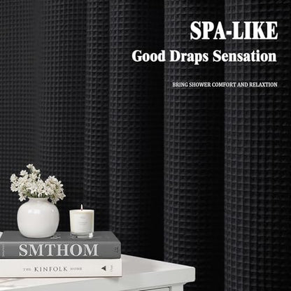 Stall Waffle Weave Shower Curtain Heavyweight Cotton Fabric Black 48Wx72L | Soft Cotton Cloth,3D Square Truely Waffle,Washable, Hotel Luxury Spa, Shower Curtains for Narrow Bathroom 12 Plastic Hooks - color: Black, size: Small Stall 48"W x 72"L
