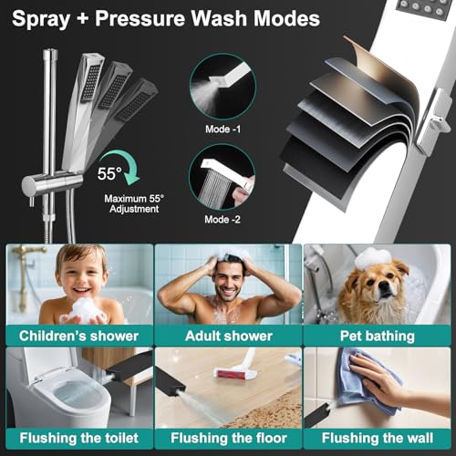 All Metal 10 Inch Rain Shower Head with Handheld Spray Combo, High Pressure Waterfall Rainfall Square Shower Heads with 16" Adjustable Extension Arm, Dual Showerhead with 3-Way Diverter, Chrome - color: Polished Chrome, size: 10 Inch