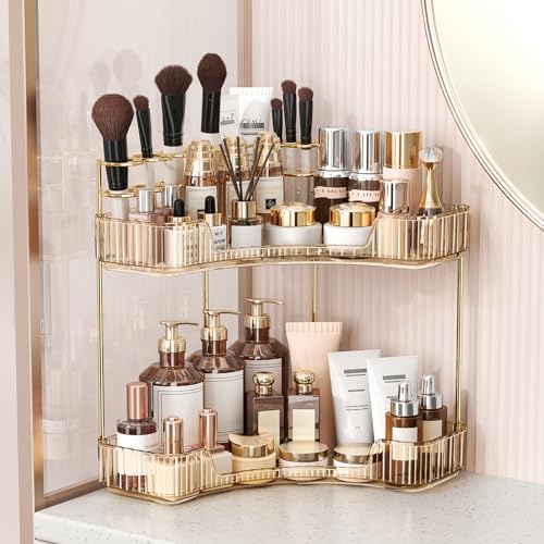 BEFSOP Corner Bathroom Counter Organizer, Upgraded 2-Tier Makeup Organizer Countertop with Makeup Brush Holder, Skincare Exquisite Vanity Organizers Countertop Bathroom Storage Dresser(GOLD) - color: Gold, size: 2 Tier