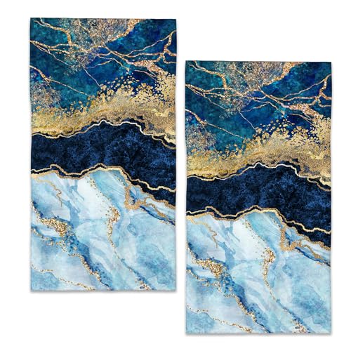 White Blue Gold Marble Hand Towels for Bathroom, Abstract Bath Towel Set of 2 Soft Kitchen Tea Dish Towels Decorative Fingertip Towels for Guest Gym Spa 14"x28" - color: White Blue Gold Marble