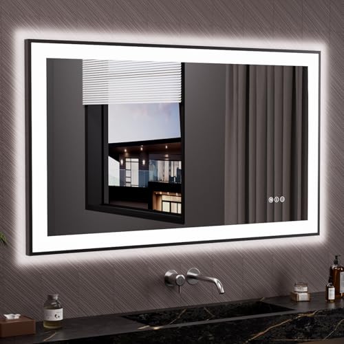 LOAAO 48"X28" LED Bathroom Mirror Black Framed | Anti-Fog, Dimmable, Memory Function, Tempered Glass, Lighted Vanity Mirror for Wall - size: 48"L x 28"W