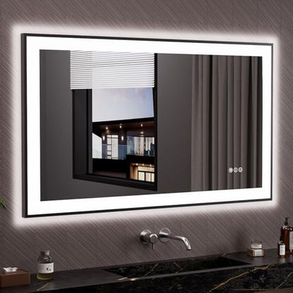 LOAAO 48"X28" LED Bathroom Mirror Black Framed | Anti-Fog, Dimmable, Memory Function, Tempered Glass, Lighted Vanity Mirror for Wall - size: 48"L x 28"W
