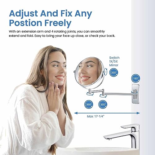 Circular Wall Mount Makeup Mirror, Dual-Sided 1x/5x Magnifying Mirror with Extendable Arm, 360° Swivel, Solid Brass Construction for Durability and Style (Chrome, KMM100) - color: Chrome