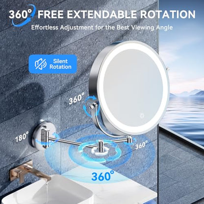 Auxmir 10″ 5000mAh 1X/30X Wall Mounted Lighted Magnifying Makeup Mirror | Double‑Sided Button, Rechargeable, 3 Dimmable Colors, 360° Rotation, Extended Arm, 30X Magnification, Bathroom, Chrome - color: 10'' 30x-chrome