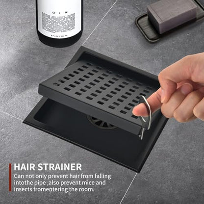 6 Inch Square Shower Drain with Flange,Matte Black，Quadrato Pattern Grate Removable,Food-Grade SUS 304 Stainless Steel，with Hair Strainer - color: 6-inch Matte Black