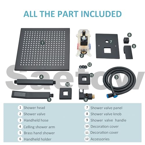 12 Inches Ceiling Mount Shower Faucets Sets Complete Shower System LED Rainfall Shower Head System Rough-in Valve Body and Trim Included Matte Black… - color: Matte Black, style: 12"-led