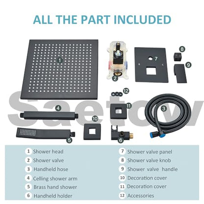 12 Inches Ceiling Mount Shower Faucets Sets Complete Shower System LED Rainfall Shower Head System Rough-in Valve Body and Trim Included Matte Black… - color: Matte Black, style: 12"-led