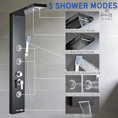 6 in1 Multi-Function Shower Panel Tower System-Brushed Black | 304 stainless steel Shower Panel Column Tower with Powerful Body Massage, Rainfall, Waterfall,Handheld and Tub Spout - color: Brushed Black, style: HSY-003