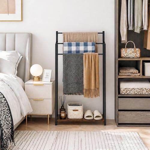 16.9" W Freestanding Towel Rack with Rustic Brown Wood Shelf | 3 Tier Blanket Ladder Stand for Bathroom Living Room, Metal Frame,31.5"H x 16.9"W x7.9"D - color: Rustic Brown, size: 31.5"H x 16.9"W x7.9"D
