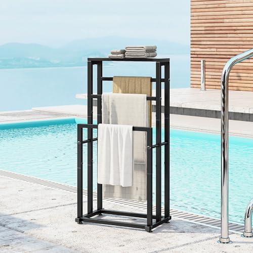 Free Standing Towel Rack for Bathroom, 3 Tier Metal Blanket Rack with Shelf, Blanket Drying and Display Rack for Oversized Bath Towels Bathroom Accessories, Next to Tub or Shower, Black