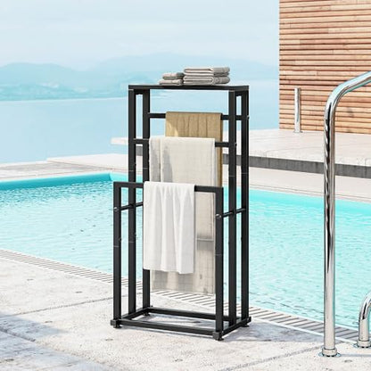 Free Standing Towel Rack for Bathroom, 3 Tier Metal Blanket Rack with Shelf, Blanket Drying and Display Rack for Oversized Bath Towels Bathroom Accessories, Next to Tub or Shower, Black