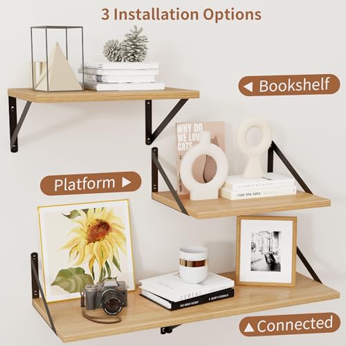 Deep Floating Shelves, 12 Inch Deep Rustic Oak Floating Wall Shelves Set of 2, 16W x 12D Large Floating Shelves Living Room Cleanning Room Laundry Room Garage - Oak with Black Brackets - color: Oak, size: 16W x 12D