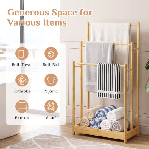 Giantex 3 Tier Free Standing Bamboo Towel Rack with Storage Shelf, Natural | Bath Towel Drying Stand, Blanket Holder for Living Room, Laundry, Bathroom, Poolside, 18" L x 9" W x 34" H - color: Natural