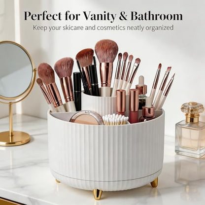 360 Rotating Makeup Brush Holder Organizer, 5-Slot White Spinning Cup for Women, Vanity Desk & Bathroom Storage for Cosmetics and Beauty Tools Accessories