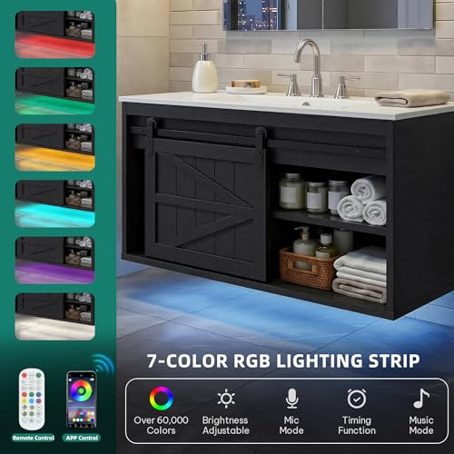 DWVO 36" LED Bathroom Vanity with Sink | Farmhouse Sliding Barn Door Bathroom Cabinet, Wall Mounted Floating Cabinet - color: Black, size: 36 Inch