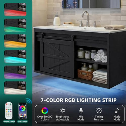 DWVO 36" LED Bathroom Vanity with Sink | Farmhouse Sliding Barn Door Bathroom Cabinet, Wall Mounted Floating Cabinet - color: Black, size: 36 Inch