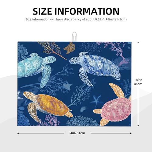 Turtle Dish Drying Mats for Kitchen Counter Absorbent Reversible Drying Mats Microfiber Kitchen Countertop Protector Dishes Drying Pad Extra Large “18 x 24" Dish Mat - color: Dark Blue-Turtle
