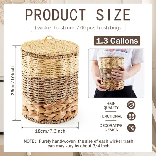Ctosree 1.3 Gal Boho Wicker Trash Can with Lid, Primary Color | Polypropylene woven material; includes 100 garbage bags; for bedroom, office & laundry - color: Primary Color, style: Round