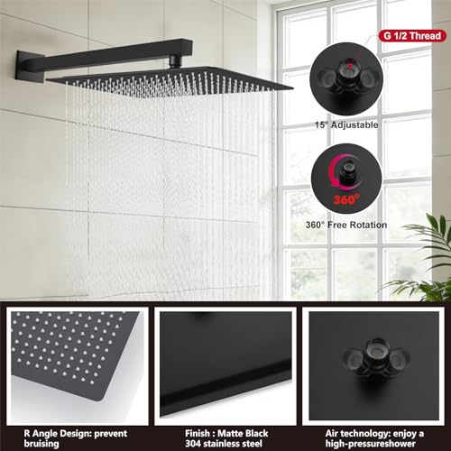 Midanya Shower System with Tub Spout,Bathtub Shower Faucet Set with Square Rainfall Head and Handheld Sprayer Wall Mount Tub Faucet Set with Valve and Trim Kit,16 Inch Matte Black - color: Matte Black, size: 16 Inch