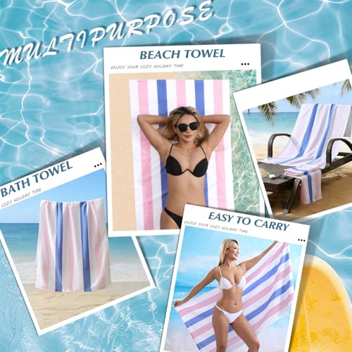 Beach Towel Set-4 Pack 30"x60" Sand Free Stripe Beach Towel for Pool,Bathroom,Soft Absorbent Quick Dry Lightweight Beach Bath Towel,Camping Blanket,Travel Towel,Beach Essentials for Adults,Pink/Blue - color: Blue/Pink