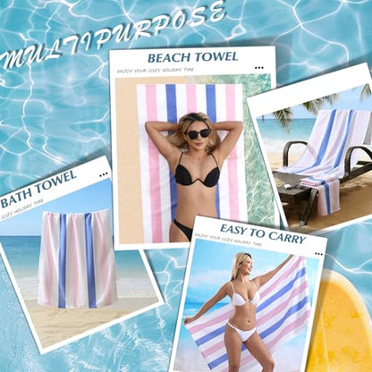 Beach Towel Set-4 Pack 30"x60" Sand Free Stripe Beach Towel for Pool,Bathroom,Soft Absorbent Quick Dry Lightweight Beach Bath Towel,Camping Blanket,Travel Towel,Beach Essentials for Adults,Pink/Blue - color: Blue/Pink