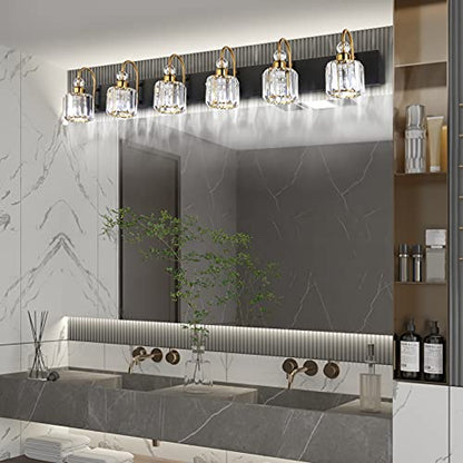 Ralbay Crystal Vanity Lights 6-Lights Modern Crystal Bathroom Vanity Lights Over Long Mirror Modern Black Gold Bathroom Vanity Lighting Fixtures - color: Round-Black+Gold, size: 6-light
