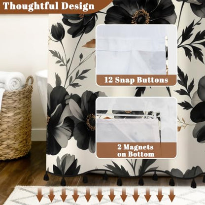 Black Floral Shower Curtain with Snap in Liner & Tassels, 71W x 77L | No Hook Needed, Double Layer Waterproof Fabric with Mesh Top, Dark Botanical Flower Design for Modern & Farmhouse Bathroom - color: Black Floral